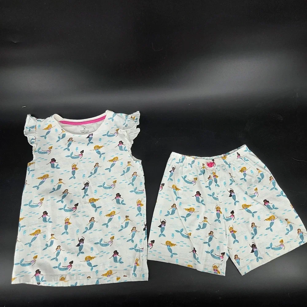 Mothercare Girls Mermaid Pajama Set White Flutter Sleeve Top Shorts Size 9-10Y